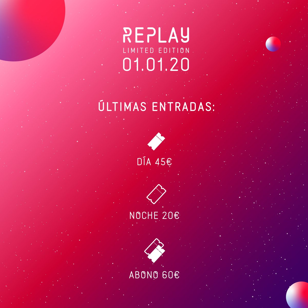🔥 Últimos 3 días para comprar tu Entrada Anticipada para #ReplayAñoNuevo. Quedan menos de 500, el momento es ahora 🙂

Link de venta online: replaysunsetparty.entradas.plus