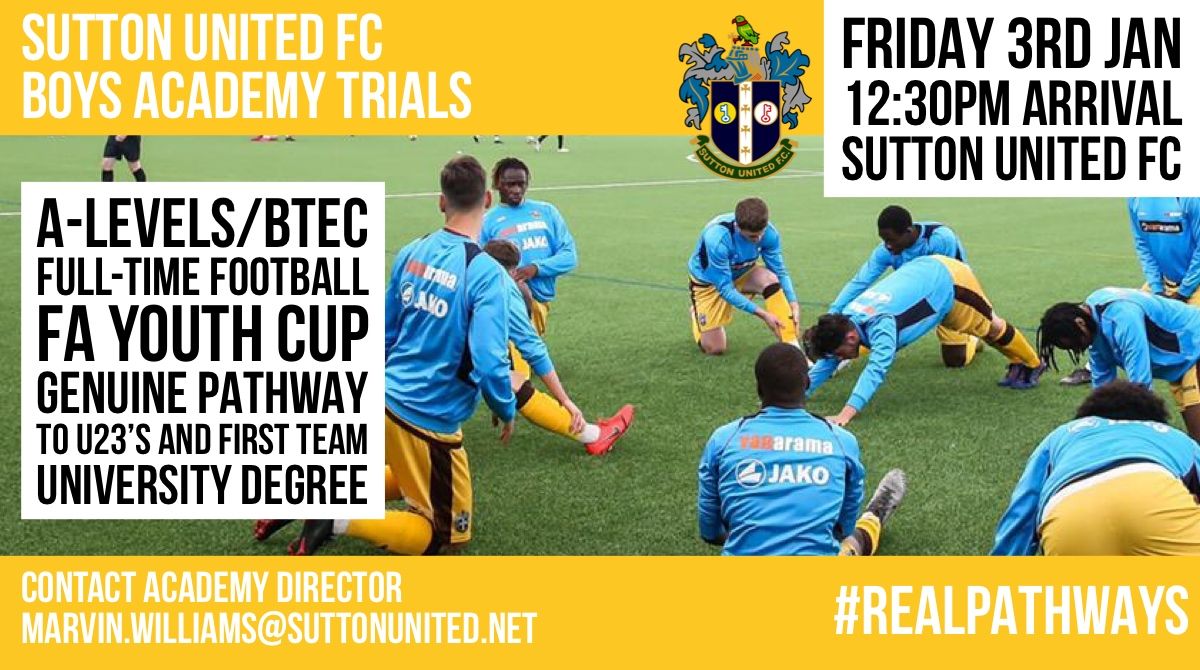 suttonunited's tweet image. Reminder that @sutton_academy trials for boys are fast approaching. Be part of this well established academy program providing real pathways into the first team and a first class education #RealPathways

Contact: Marvin.Williams@suttonunited.net