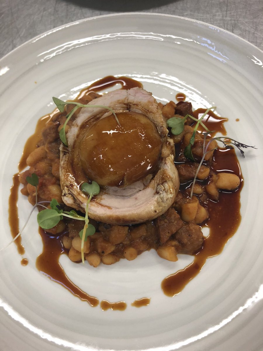 Pot roast <a href="/RosscarberyReci/">Avril Allshire-Howe</a> free range pork with <a href="/greensaffron/">Green Saffron</a> spices, baked beans <a href="/FingalFerguson/">Fingal Ferguson</a> chorizo, thyme and garden apples.