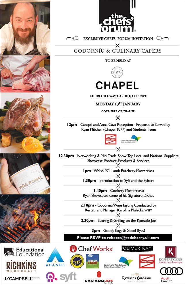thechefsforum's tweet photo. CHEFS!!!! We are kicking off our 2020 events in Cardiff on 13th January @chapel1877bar #winetasting @CodorniuUK @WelshLamb_PGI #butcherydemo #grilling @KamadoJoeUK #tempstaff @Syftgroup #RSVP to rebecca@redcherry.uk.com NOW! https://t.co/5wzRTc11Wi