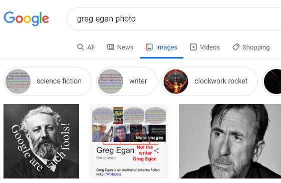 A screenshot that looks like a Google search for "greg egan photo". One of the results is a picture of Tim Roth.