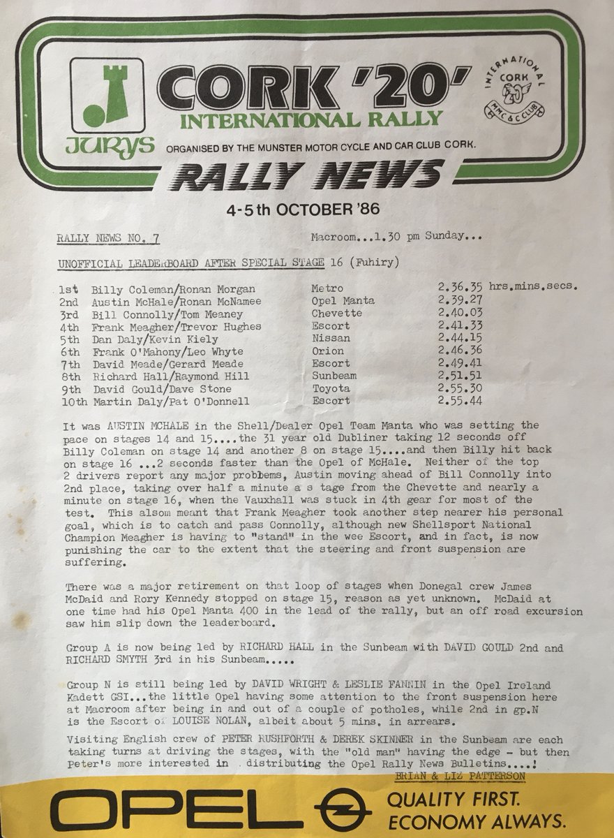 WRCgerardquinn's tweet photo. 1986 Jury's Cork "20" International Rally - Winners #BillyColeman & #RonanMorgan.
Some of the story provided thanks to @Real_RallyNews from my archives. https://t.co/QaXKeh7Oh0