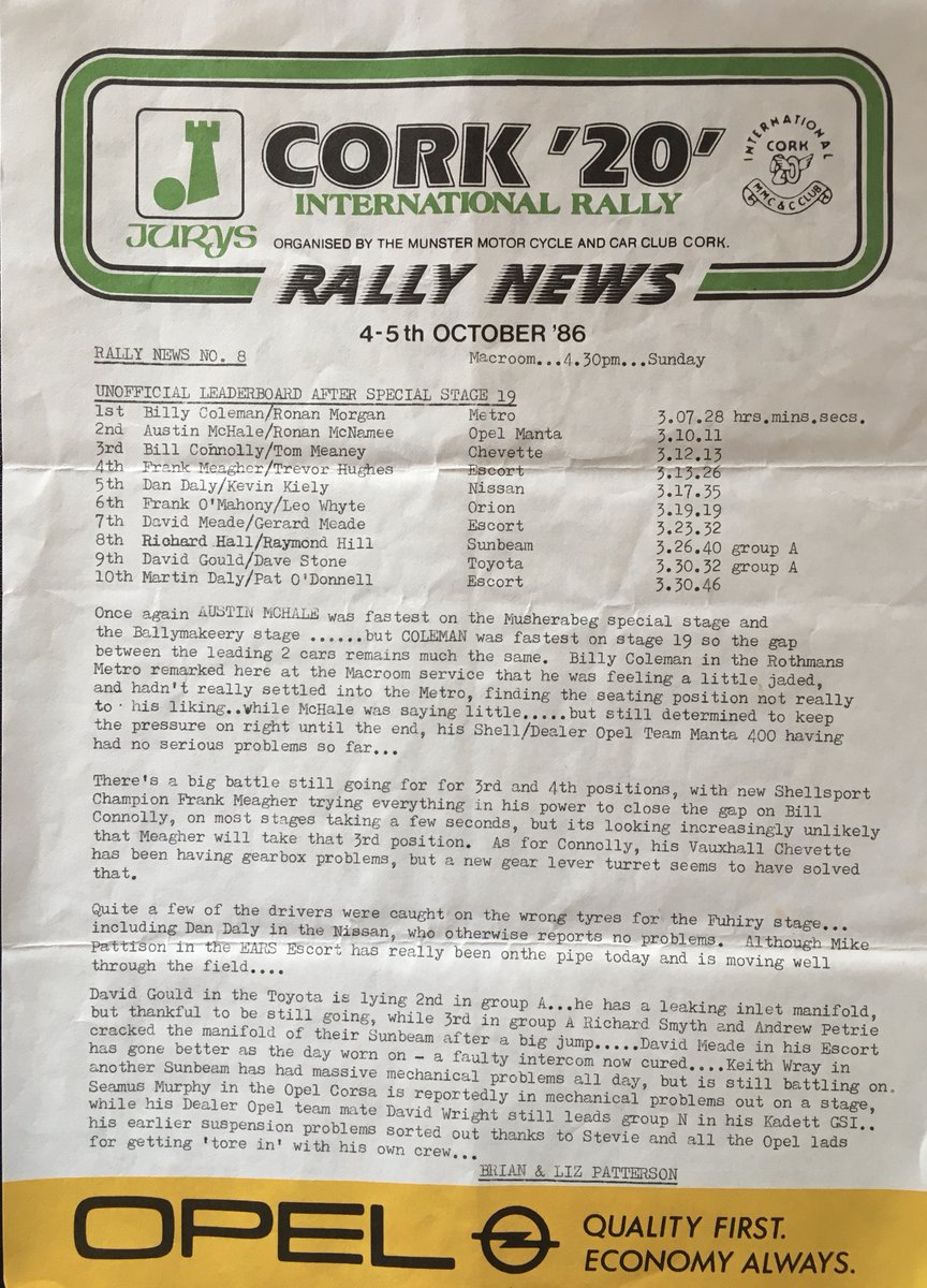 WRCgerardquinn's tweet photo. 1986 Jury's Cork "20" International Rally - Winners #BillyColeman & #RonanMorgan.
Some of the story provided thanks to @Real_RallyNews from my archives. https://t.co/QaXKeh7Oh0