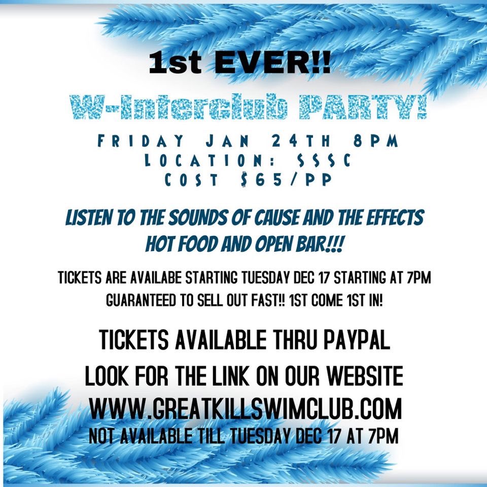 GKSwimClub's tweet photo. Winter Club Party 1/24/20 8pm at SSSC Party Room - $65pp includes music, hot food &amp; open bar. This will SELL OUT!  Only 50 tickets left don’t get shutout! #GKSC . https://t.co/FPi6qlCvPM https://t.co/PQndZZrxF0