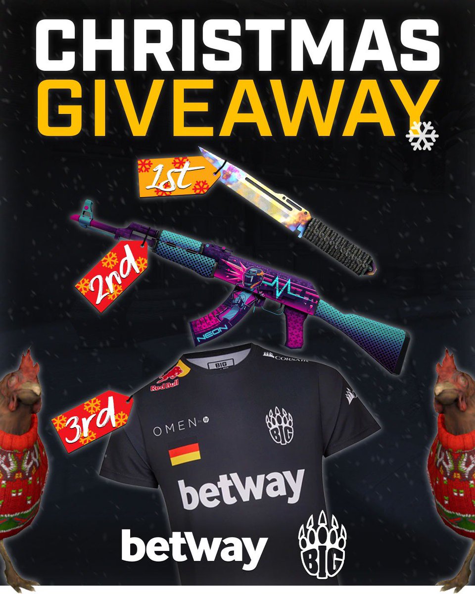 BIG and <a href="/betwayesports/">Betway Esports</a> are giving away a Case Hardened Paracord Knife (FT), Neon Rider AK-47 (FN) and a BIG Jersey! To enter:

✅ Follow <a href="/BIGCLANgg/">BIG</a> &amp; <a href="/betwayesports/">Betway Esports</a> 
👏 Tag a friend!

Giveaway ends January 4th. 18+
