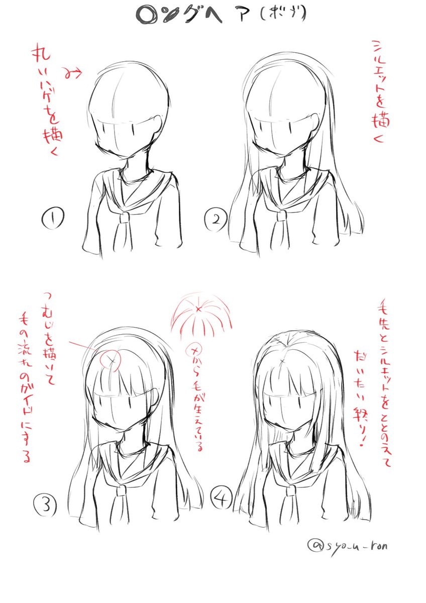 髪の毛どうやって描いてますかー?という質問あったのでこんな感じで描いてますと図にしてみました?
私のポイントはつむじ的なのを描いて目印にしてそこから毛の流れ描くのが基本です!(ツインテも) 