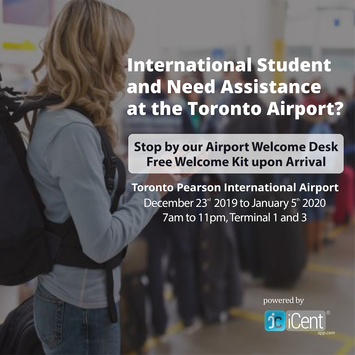 LoyalistCollege's tweet photo. Starting off the new year as a student at Loyalist? If your journey to #DestinationLoyalist includes a stop at Toronto Pearson International Airport, visit the iCent app’s Welcome Desk. https://t.co/nSVWOSNopR