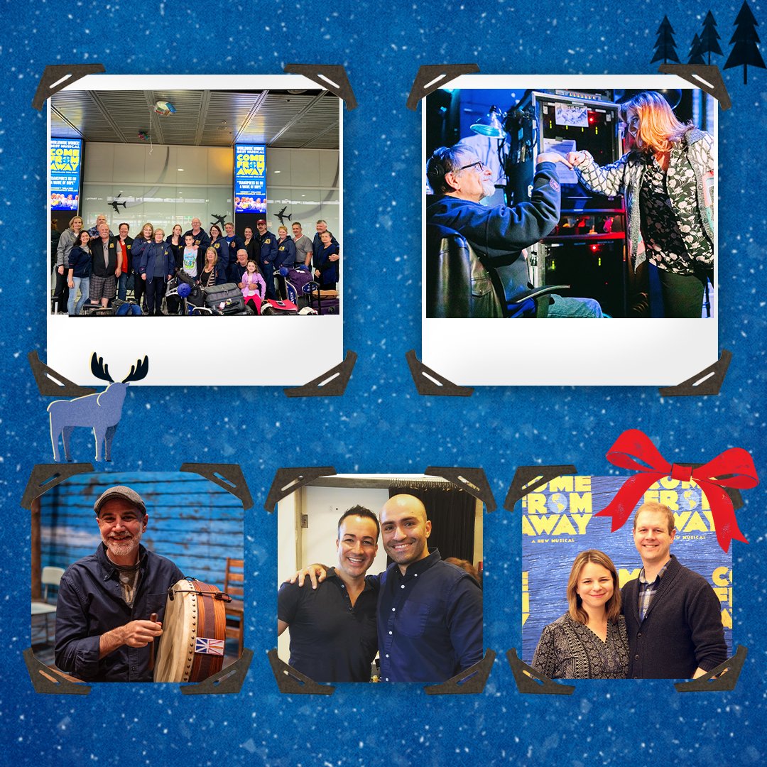 Photos of cast members, writers, and band members in front of a blue background with snow