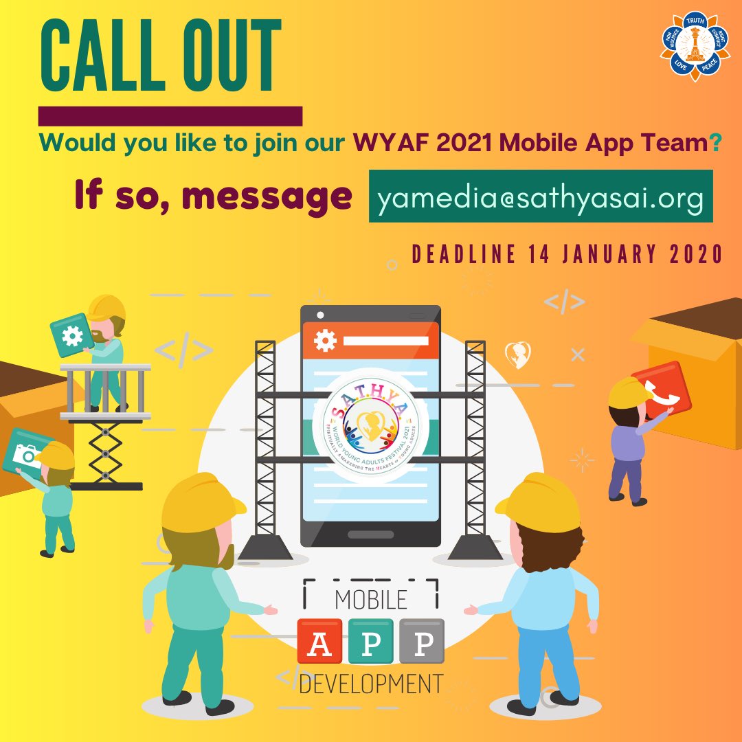 📣📣Announcement 📣📣
We are building a mobile app for the World Young Adults Festival 2021. If you’re a Product Manager, User Experience (UX) Expert, UI Designer, Marketing Expert, UI or API developer or QA Engineer email us at yamedia@sathyasai.org with the role #WYAF21