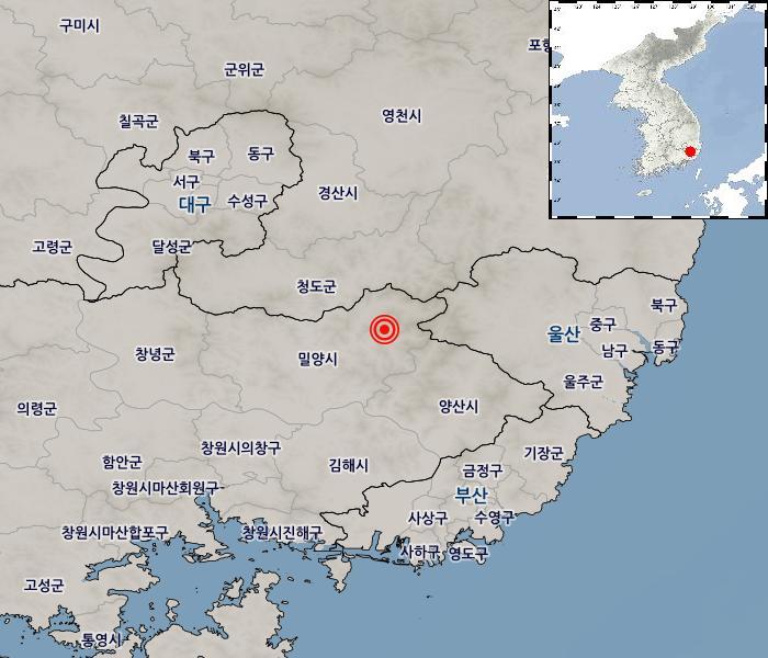 [지진속보] 12-30 00:32 경남 밀양시 동북동쪽 16km 지역에서 추정규모3.5 지진발생 예상진도 : 최대진도 Ⅳ(경남,경북,울산),Ⅱ(대구,부산)