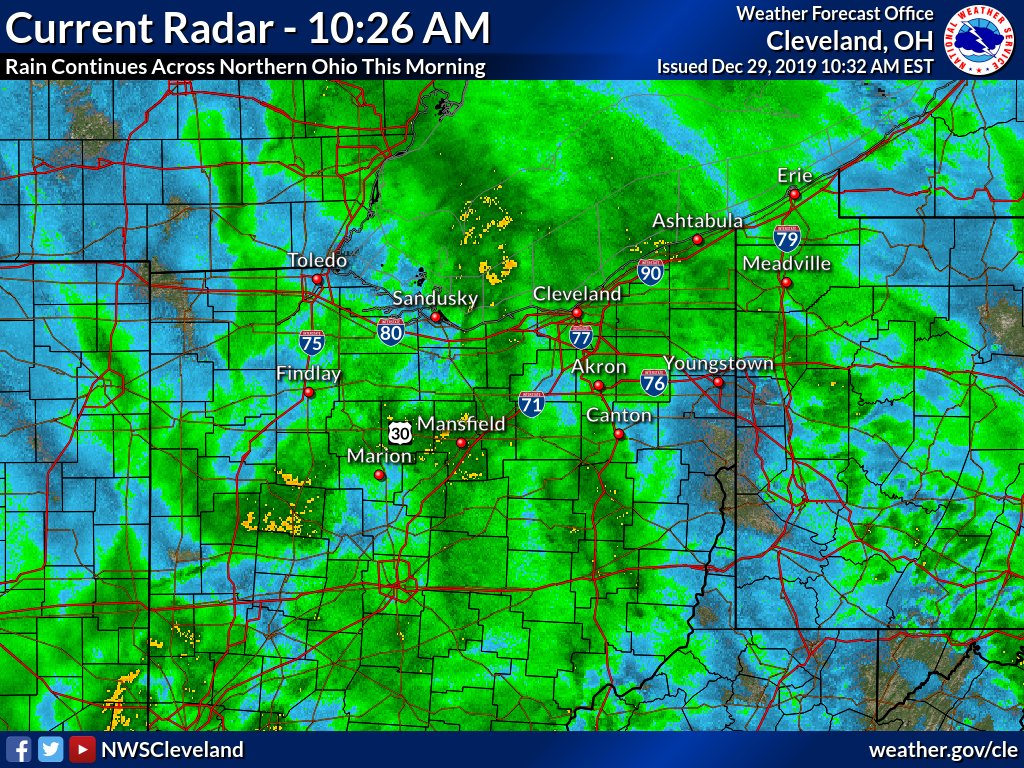 NWSCLE's tweet photo. Current radar shows the rain this morning across the Ohio Valley with heavier pockets indicated by the yellow and orange colors. Rainfall totals range from .5 to 1 inches so far. Rain will continue throughout the day, before beginning to taper by Monday morning. 🌧🌧 #OHwx #PAwx https://t.co/BZttMPK8Mu