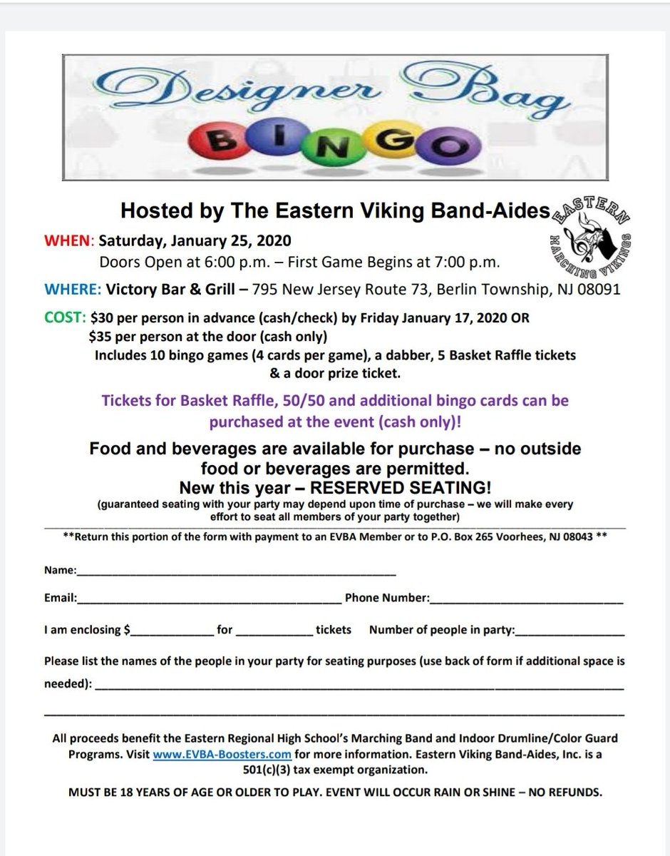 Eastern__Music's tweet photo. Eastern Marching Vikings are having our annual Designer Bag Bingo on Jan 25, 2020 at Victory Bar &amp; Grill in Berlin! We are looking for donations from local businesses for our raffle If youre interested in donating OR participating contact: info@evba-boosters.com
@VictoryBarGrill https://t.co/EZrH0YEKYG