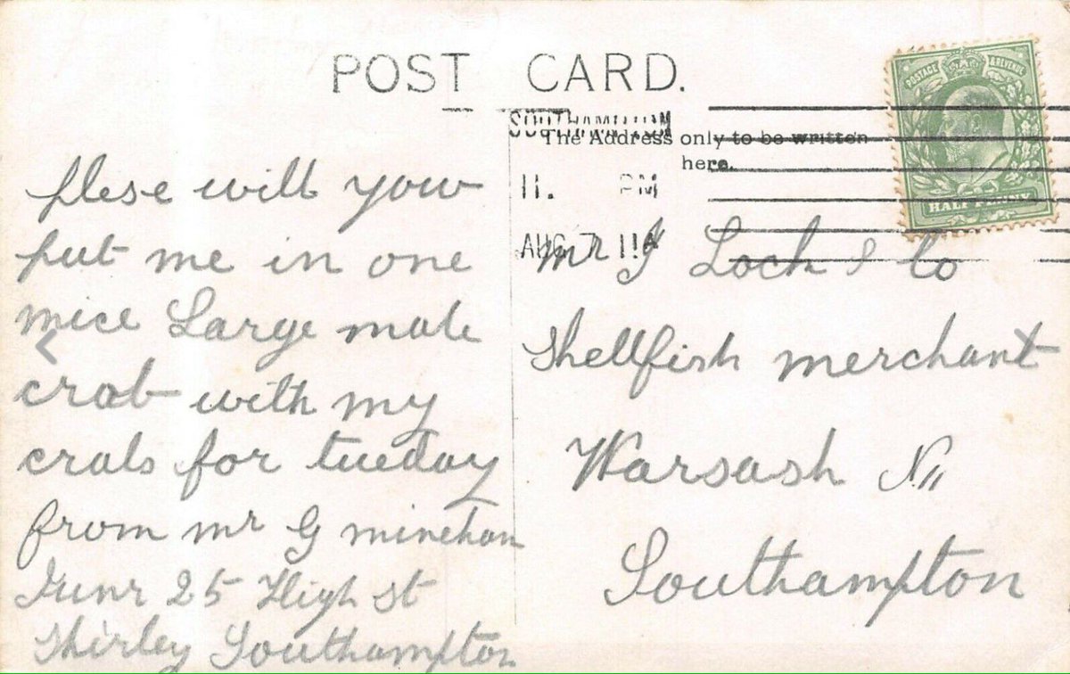 #AncestryHour From the days when you could send a picture postcard to your shellfish merchant asking for a crab to be included in your delivery of seafood! <a href="/ancestryhour/">#AncestryHour - Tues Chat On Hold but ...</a> <a href="/HistoricalSoton/">Historic Southampton</a> <a href="/SECRETSOUTHAMP1/">SECRET SOUTHAMPTON</a> #Southampton