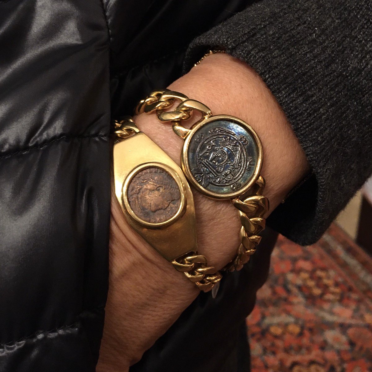 New additions: two very chic 18 karat yellow gold and ancient coin bracelets by Bulgari, circa 1970. Love this look! #cdbltd #jewelry
