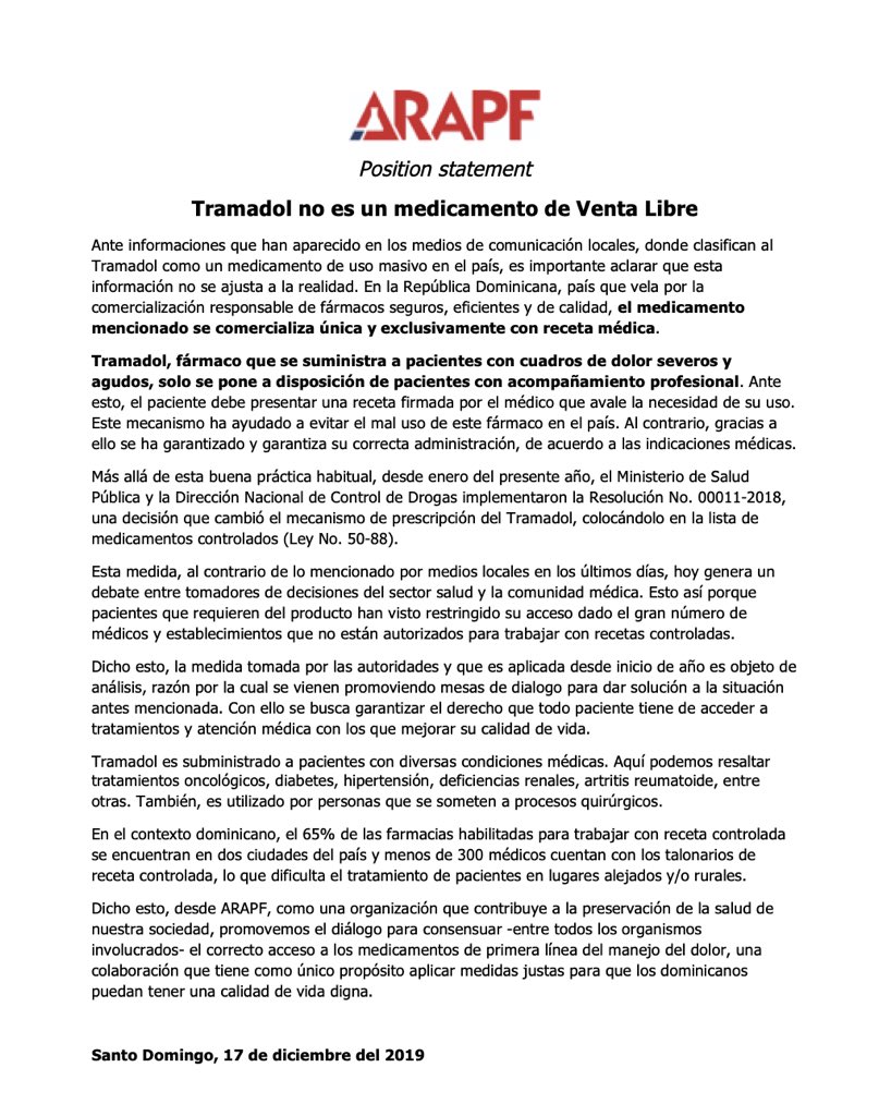 arapf_rd's tweet photo. Posicionamiento de ARAPF con relación al uso de Tramadol en República Dominicana. https://t.co/INwx3xXTBK