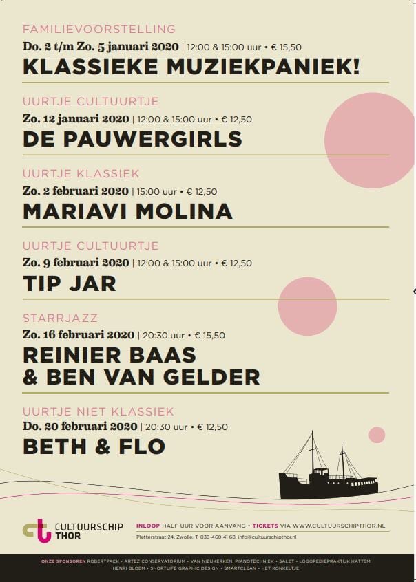 Zondag 12 januari treden we op <a href="/Cultuurschip/">Rik Elings</a> Thor <a href="/zwolle/">Zwolle</a> Kaartjes via cultuurschipthor.nl