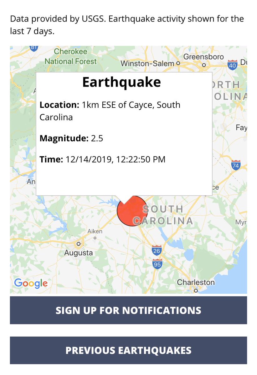 USGS has confirmed that a 2.5 magnitude #earthquake occurred near Cayce, SC, just after noon this past Sunday (12/14/19). Info: earthquake.usgs.gov/earthquakes/ev… #sctweets