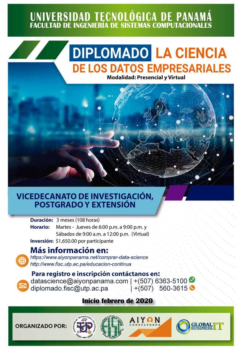 utpfisc's tweet photo. Diplomado: La ciencia de los Datos Empresariales con el apoyo de #Aiyon @gbitpanama @utppanama
Inscripciones abiertas!
Para mayor información: https://t.co/ammFlrvxl0
#DDataSciencie #DCDatos20FISC #DipCienciadelosDatos20 #Panamá #DCD20 #Diplomado #FISCUTP #FISC https://t.co/VUbUUKjZ32