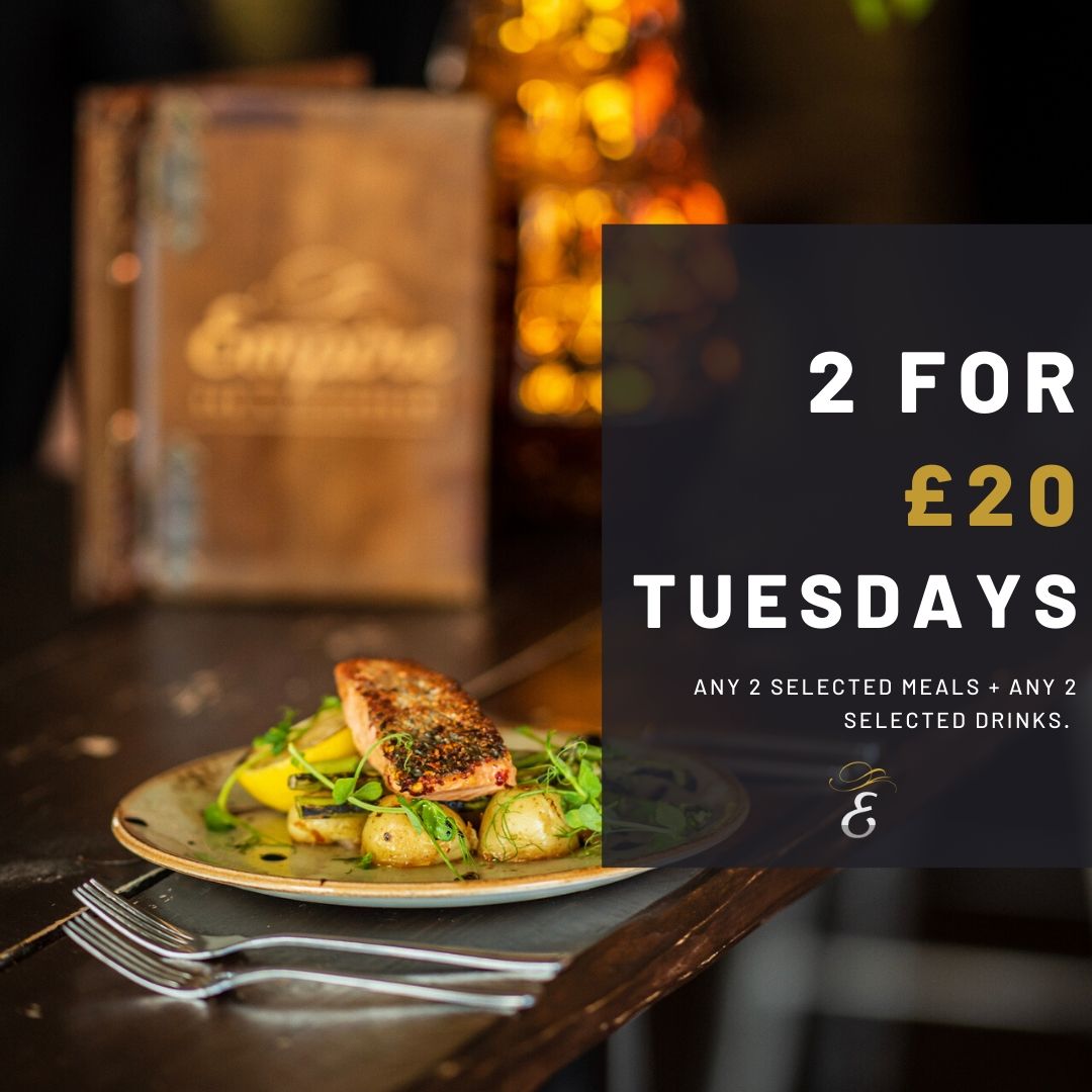 EmpireRestaura1's tweet photo. Have a mid-week date night sorted with our 2 or £20 Tuesdays - any 2 selected meals and any 2 selected drinks all for £20. 😍

Book a table via https://t.co/xklDrMMpad
#empire #empirerestaurant #2fortuesday https://t.co/O7tw3Ogyj3