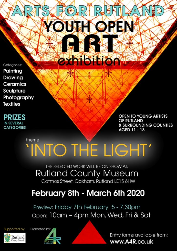 Step Into The Light at next year's Arts for #Rutland Youth Open Arts - an opportunity for young artists in Rutland to exhibit their work in a professional exhibition across multiple mediums.
Please do make a note in your diary and come along to support the young artists...