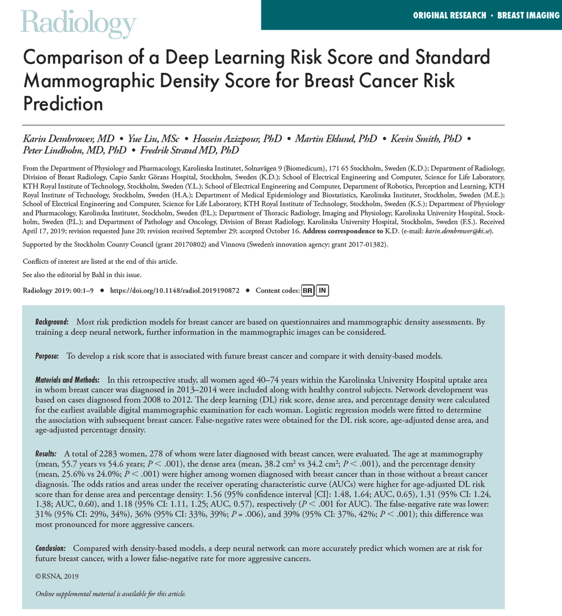 EricTopol's tweet photo. Predicting breast #cancer via deep learning #AI https://t.co/3LWsCbDjdA @RSNA @radiology_rsna by @karolinskainst's @cfstrand, Karin Dembrower and colleagues #openaccess https://t.co/Xl3glFCoLy
