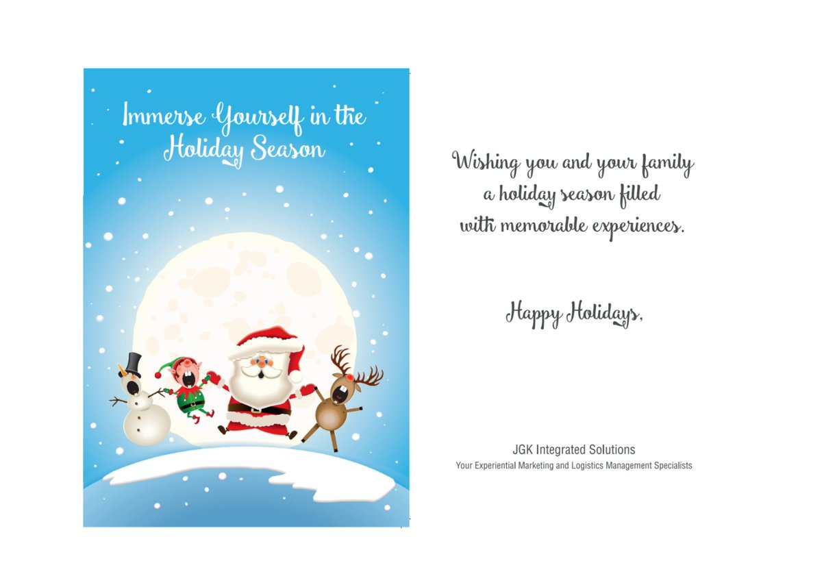 JgkSolutions's tweet photo. Wishing you and your family a holiday season filled with memorable experiences. All the best in the new year from JGK Integrated Solutions. #HappyHolidays #Experiences #holidayseason #happynewyear2020 https://t.co/c6NtnLRBnA