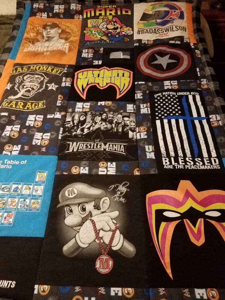 cajohnson96's tweet photo. @stef_wilson Got one of my son's memory blankets made, Some from funeral most are his favorite that he wore all the time. #BadAssWilson #JohnCena Thank you so much for all your support for my boy! https://t.co/ezFw2c2Iuc
