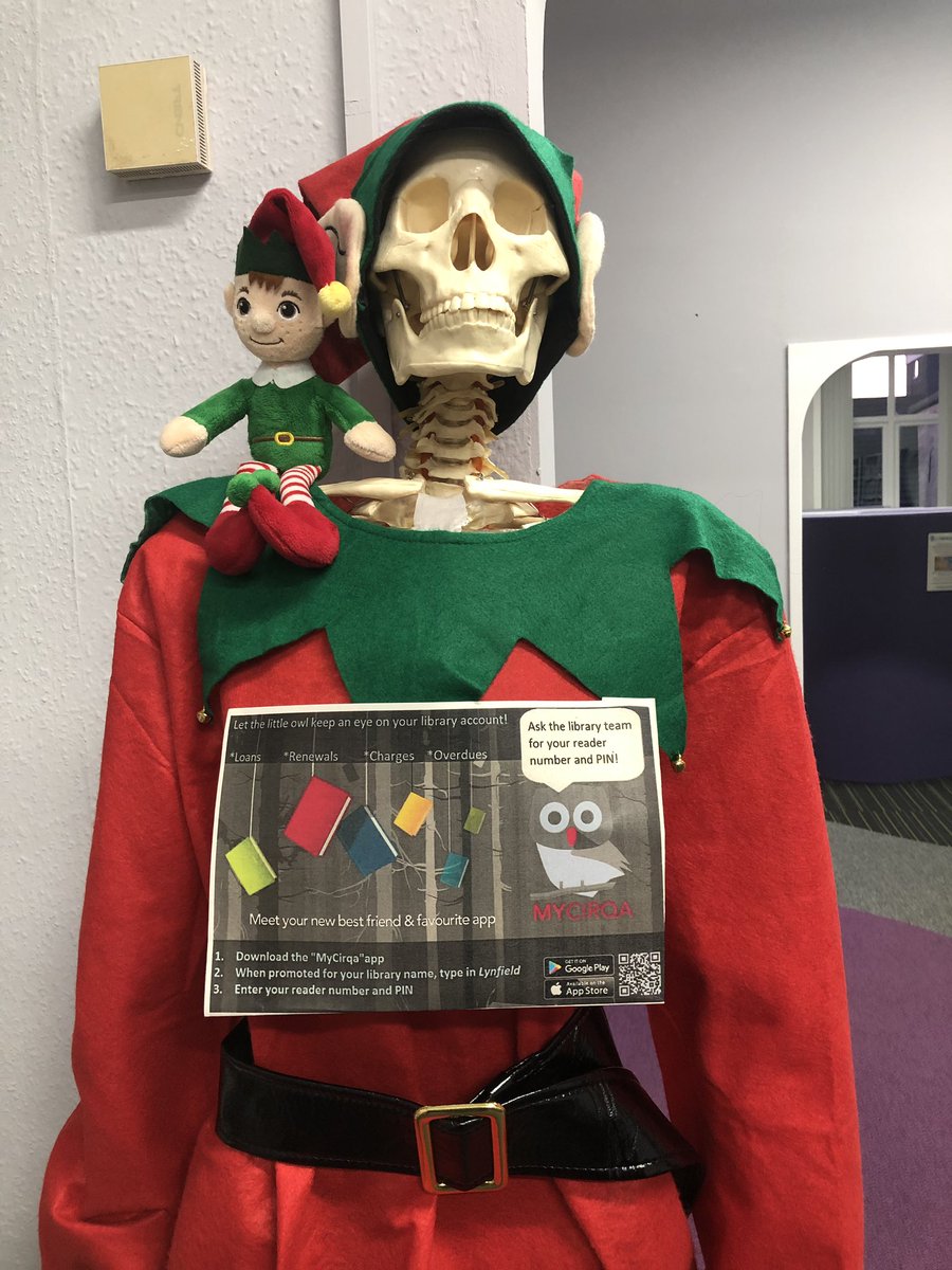 BDCFTLibrary's tweet photo. Today our #elfonthelibraryshelf is the Library Skeleton! He has an important message for all @BDCFT library customers - you can view your library account and renew your books through the MyCirqa app! Ask library staff for further details #elfpromotion 📚🎄 https://t.co/PvZ2tipbbp