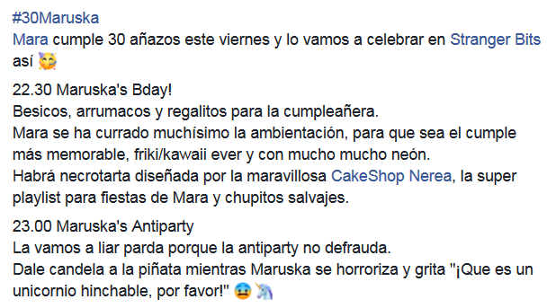 katdagover's tweet photo. #30Maruska
@Malditapoesia89 cumple 30 añazos este viernes y lo vamos a celebrar en #StrangerBits así:
22.30 Maruska's Bday! 🥳
23.00 Maruska's Antiparty 😨🦄 https://t.co/lyWHOn5QCI