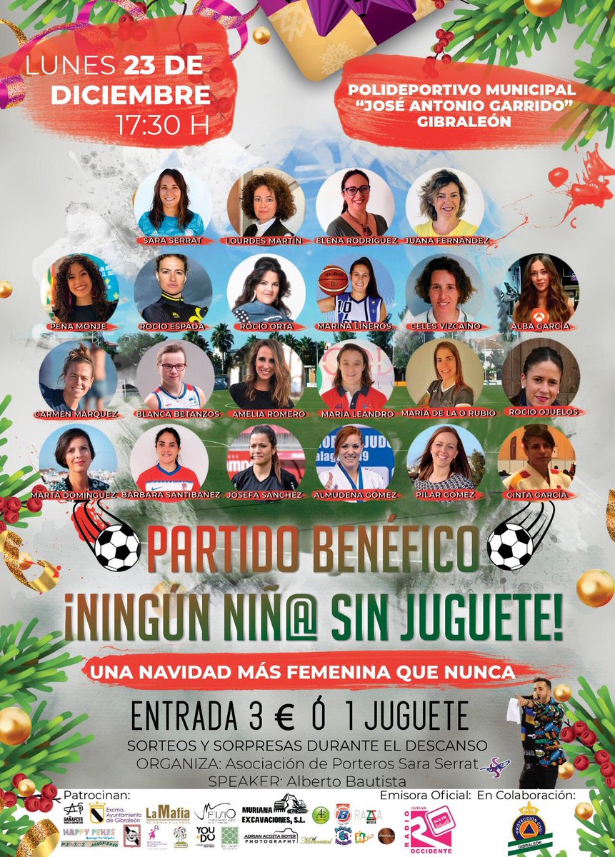 Sara1Serrat's tweet photo. Me hacía ilusión impulsar una iniciativa así: un partido de fútbol con un fin solidario y jugado por mujeres representantes de distintos ámbitos de la sociedad.
Será el 23 de diciembre, en Gibraleón, a las 17:30 horas y os esperamos con los brazos abiertos!
#S1S 🥅 #theone1🧤 https://t.co/O4LzdHAs0c