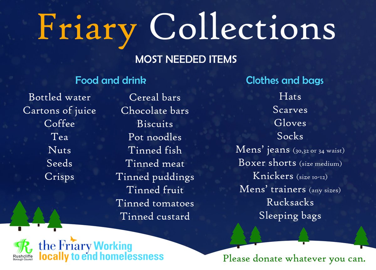 Rushcliffe's tweet photo. We're asking residents to kindly place non-perishable food and clothes donations out with your bin from January 6-10, 2020 to help local homeless charity @theFriary88. Please donate items from this 'most needed list' if you can: https://t.co/G31IGuXQNp https://t.co/jCgmtTgK7v