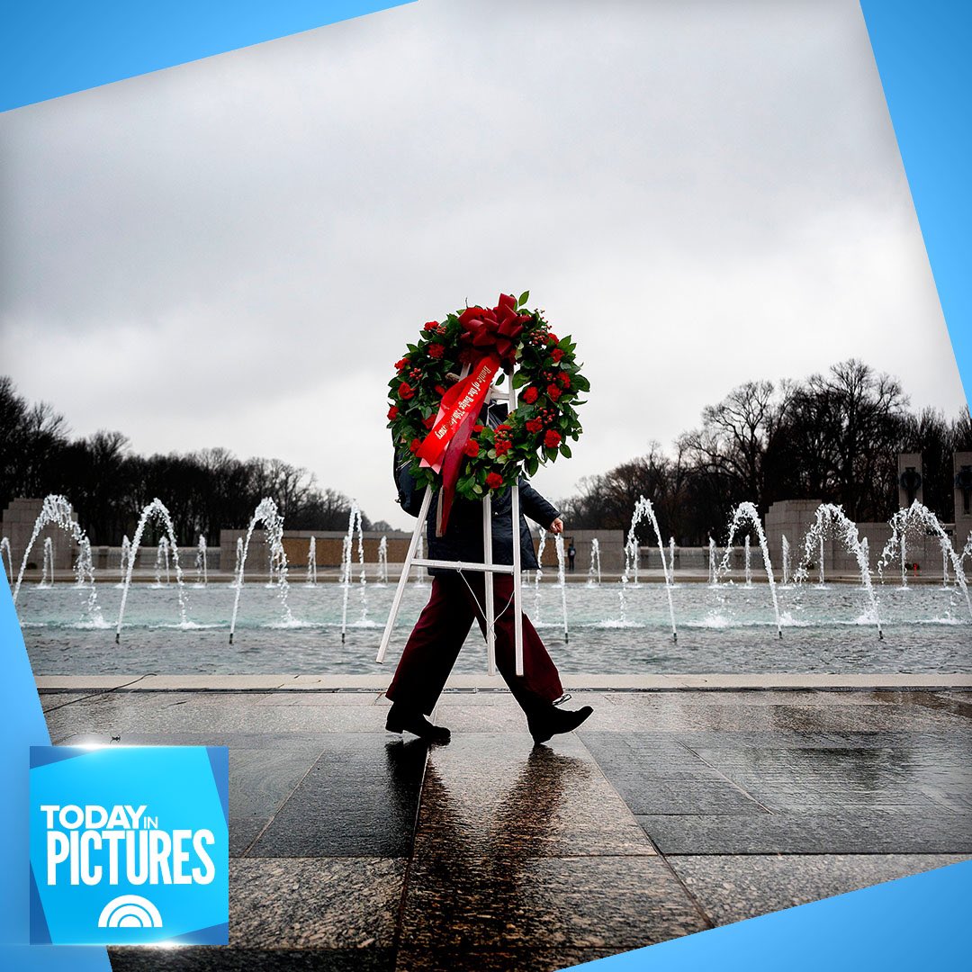 TODAYGraphics's tweet image. A wreath is carried at the National World War II Memorial in Washington, DC to commemorate the 75th anniversary of the Battle of the Bulge. The counteroffensive was the deadliest fought by the U.S. Army in the Second World War.