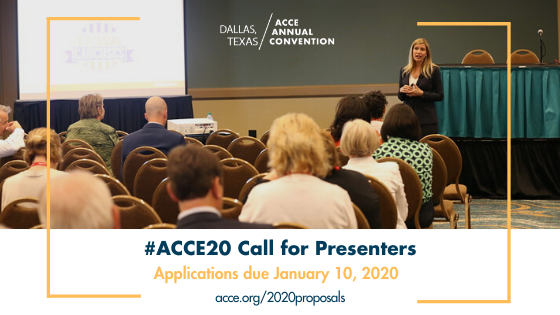 ACCEHQ's tweet photo. Today is the perfect day to submit your #ACCE20 convention proposal!

We are searching for energetic, future-focused presentations for ACCE's 2020 convention in Dallas, Texas. Proposals are due January 10.
https://t.co/VwxyuV5wIE https://t.co/huexkE85tQ