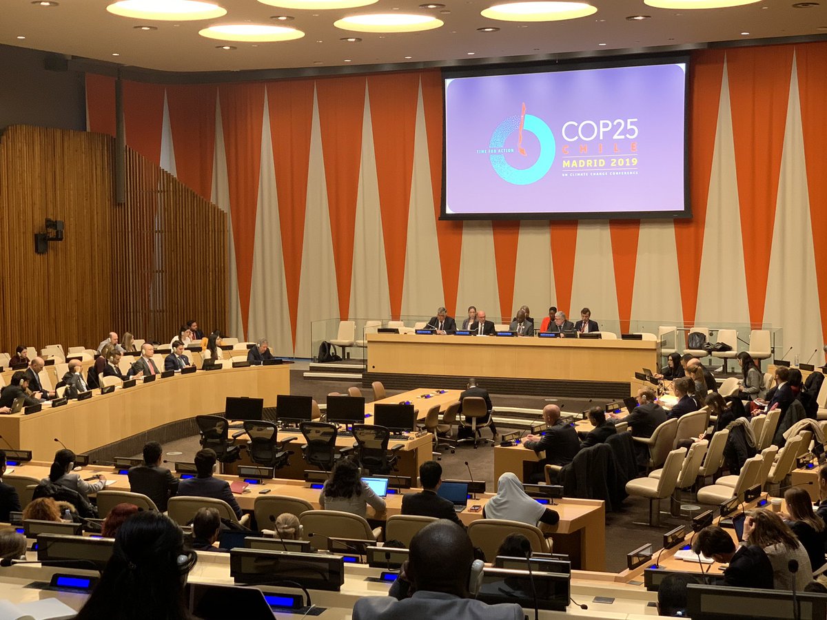 NoayanInNY's tweet photo. #COP25CL briefing in ECOSOC. Opening remarks by #PGA74 @BandeTijjani and Special Envoy for Climate AS @ladealba The meeting lasted the longest on record - with plus 2 additional days. 🌊🌬❄️🌦🌪 New sources of energy needed. https://t.co/2mCZbvrajs