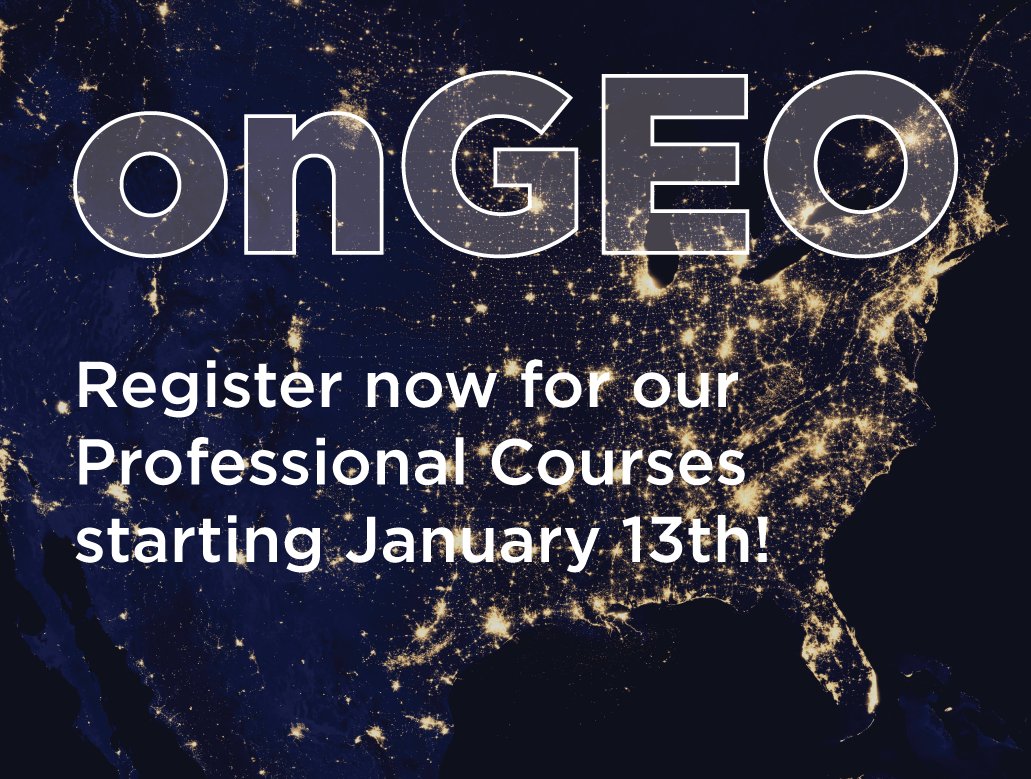 GEOatMSU's tweet photo. Registration is open for our January professional certificate courses! Five of our #onGEO professional courses are being offered in January. Use the link below to learn more and register today. Let onGEO help you achieve your professional goals in 2020!
https://t.co/NCrqqjCWbD https://t.co/F0bzF3Mzyb