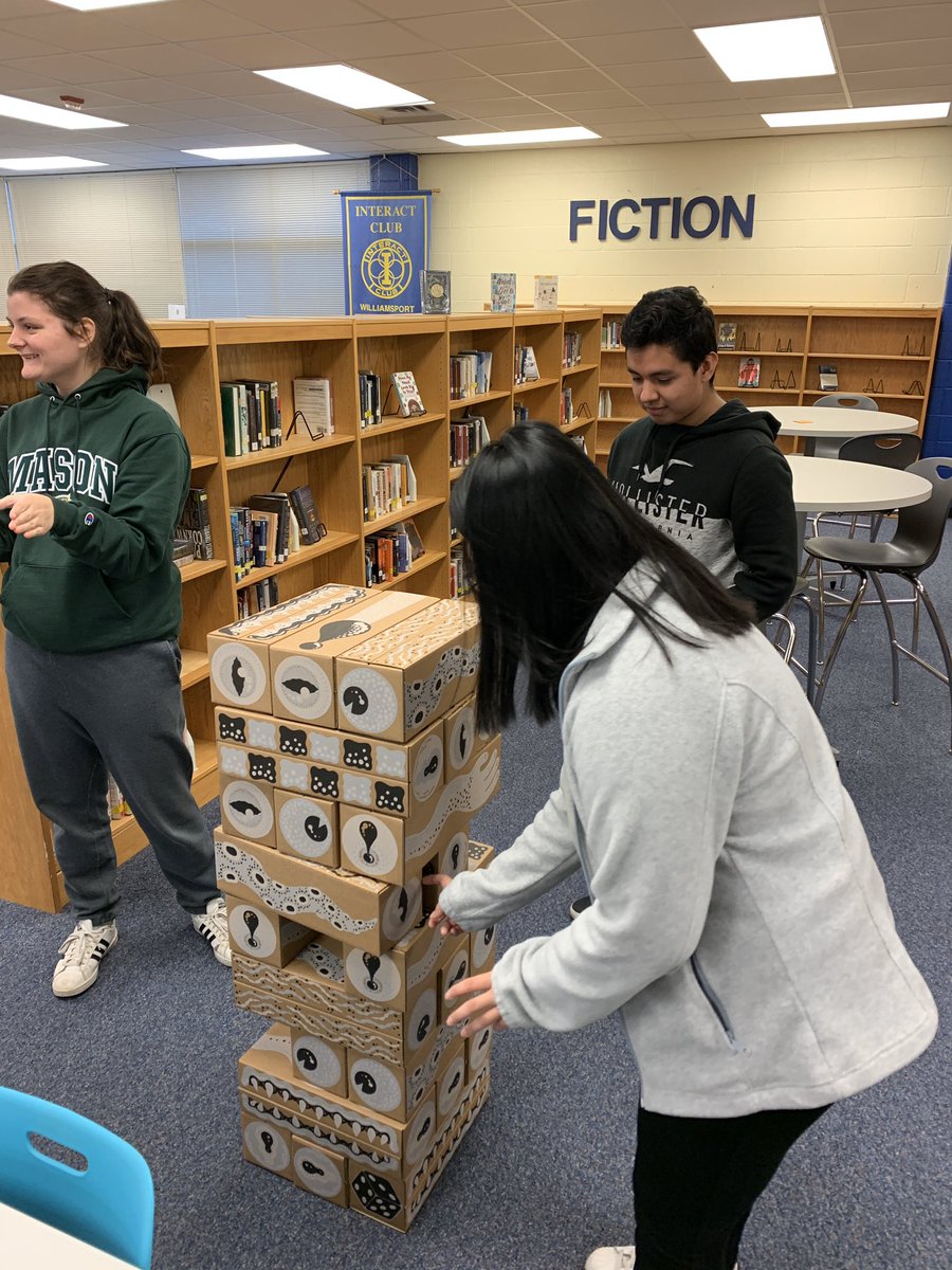 Life-sized Jenga happening in the media center! #criticalthinking #teamwork