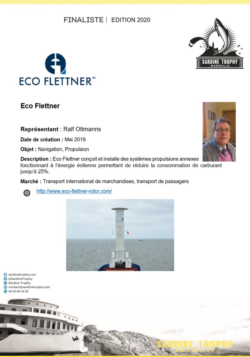 SardineTrophy's tweet photo. Nous vous présentons aujourd'hui parmi nos finalistes, l'allemand Eco flettner et son système de propulsion annexe à l'énergie éolienne sur navires 🇩🇪🚢 https://t.co/OJCAnBEdGs https://t.co/HqdeHmkxKg