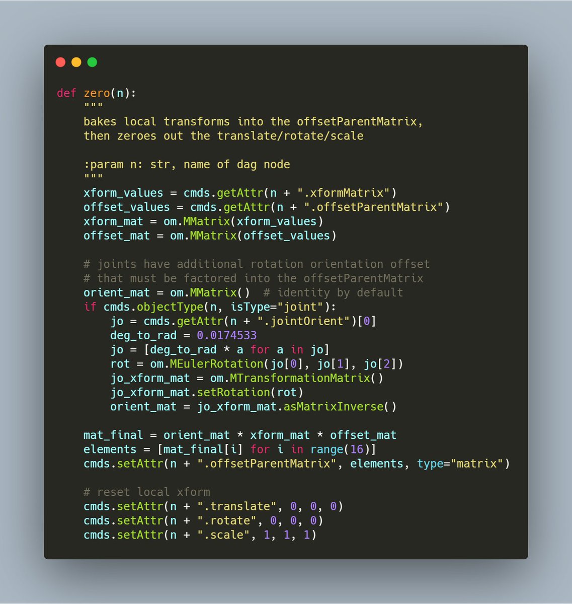 kiaran_ritchie's tweet image. You no longer have to create &quot;offset&quot; nodes to zero out controls in Maya 2020 thanks to the new offsetParentMatrix. Snippet shows how to accumulate offsets and take into consideration joint orients. 
#maya #maya2020 #rigging