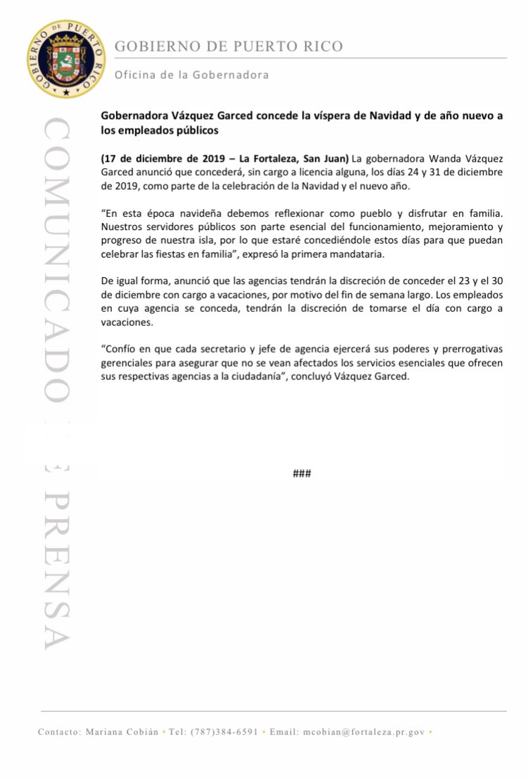 La Fortaleza En Twitter Comunicado De Prensa La Gobernadora Wandavazquezg Concede La Vispera De Navidad Y De Ano Nuevo A Los Empleados Publicos T Co 6rhqcf0zlj