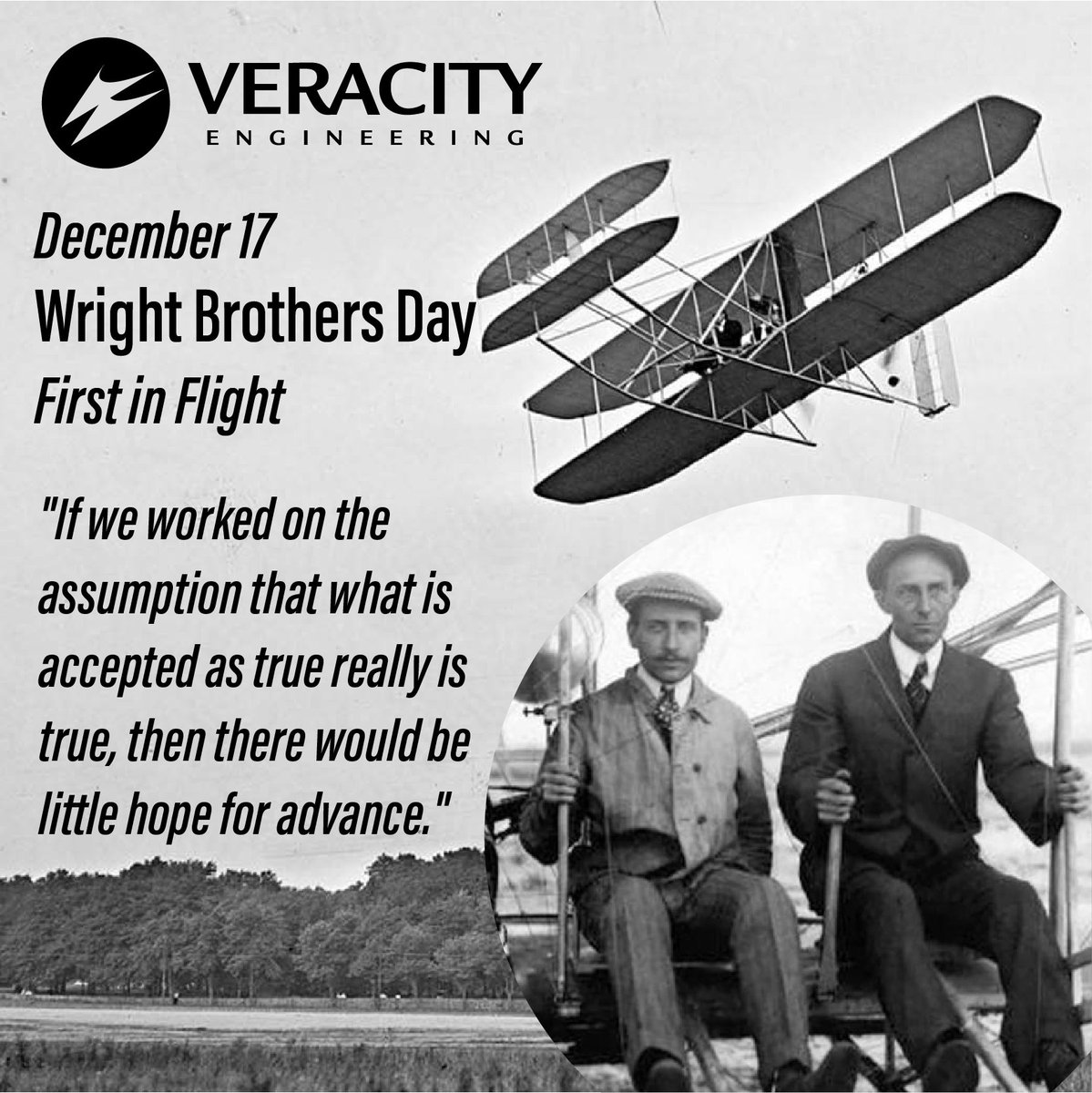 VeracityEng's tweet image. Today marks a historic #aviation #achievement, when the #WrightBrothers had four successful flights in Kitty Hawk, NC with their first powered aircraft! Happy #WrightBrothersDay!!! #firstflight