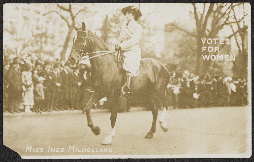Photographic postcard of suffragette Inez Milholland on horseback