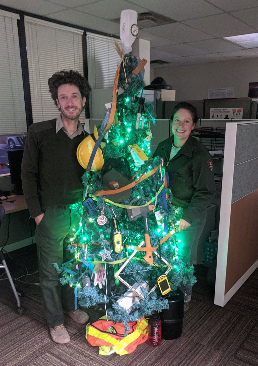 Two park rangers stand next to a christmas tree with green lights decorated with various research tools including a hatchet, hard hat, radio, NPS ball cap, sharpie marker, and more.