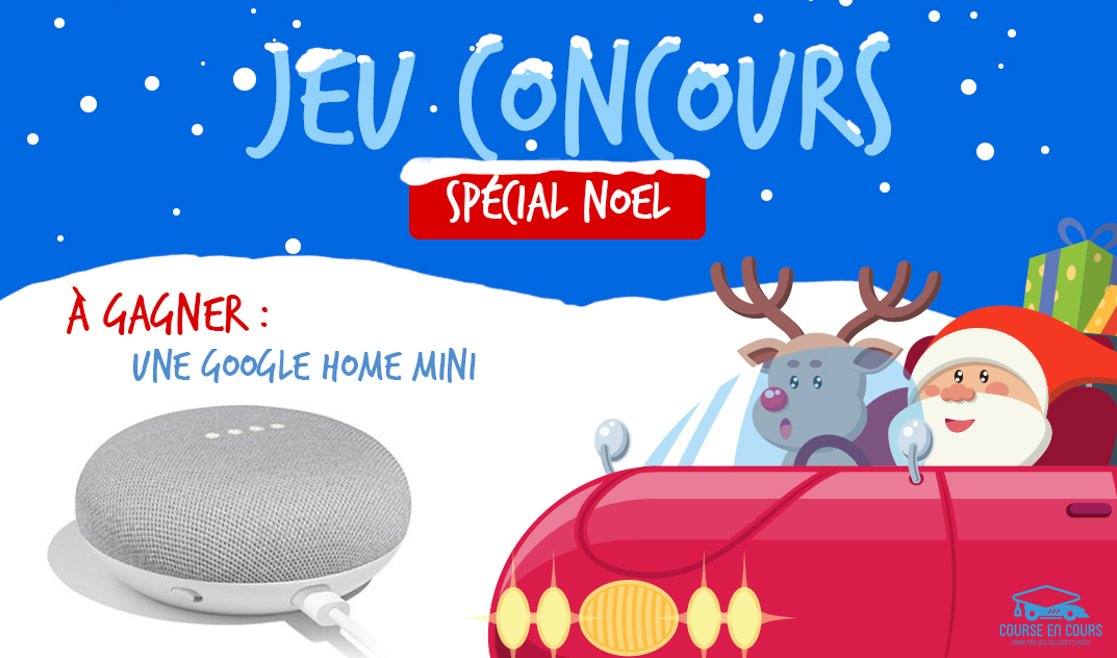 [#CONCOURS] Nouveau jeu concours de Noël ! 🎅
Noël approche et la neige fait son apparition... ⛄️
Que diriez-vous de remporter : Une Google Home Mini ! 
Pour participer : 
RT + Follow <a href="/CourseEnCours/">Course en Cours</a> 👍
Double tes chances de gagner sur notre #Instagram !
Tirage au sort le 27/12
