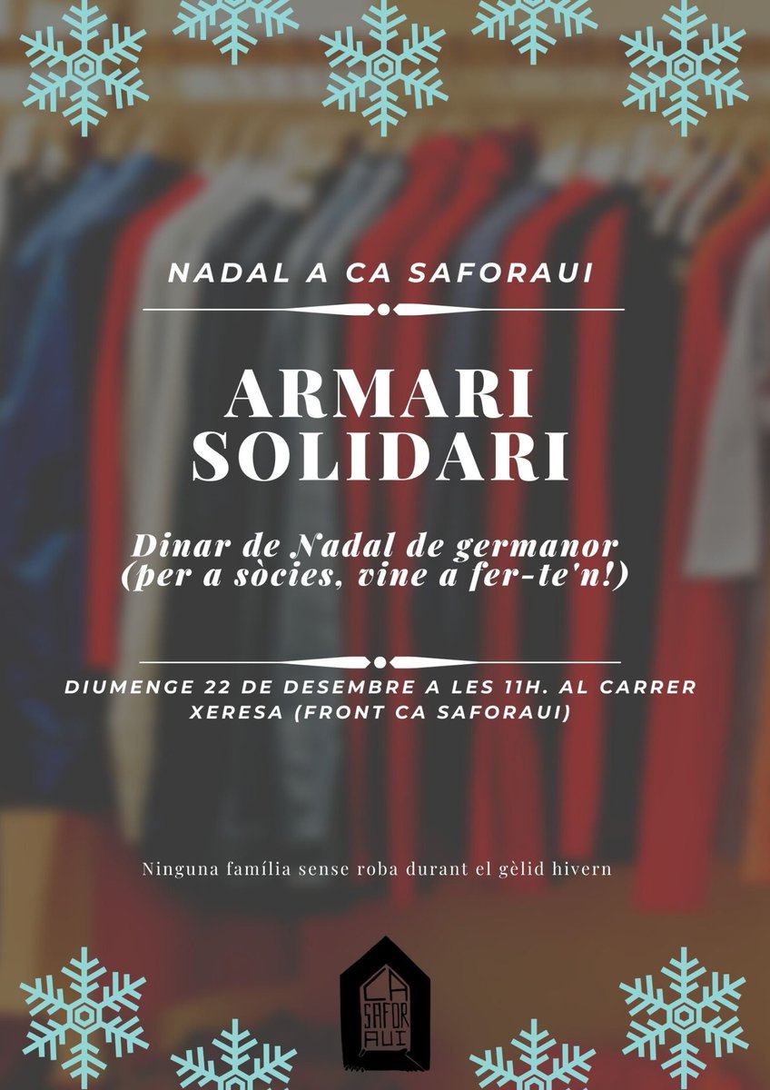 ca_saforaui's tweet photo. 👕ARMARI SOLIDARI + DINAR DE NADAL🎅 

📅 El pròxim diumenge 22 de desembre realitzarem un altre armari solidari per a que ninguna família es quede sense roba durant el gèlid hivern.

🥘 A més farem un dinar per a socis, ❗però tu també pots vindre i fer-te soci! https://t.co/xu3ekxiGbD
