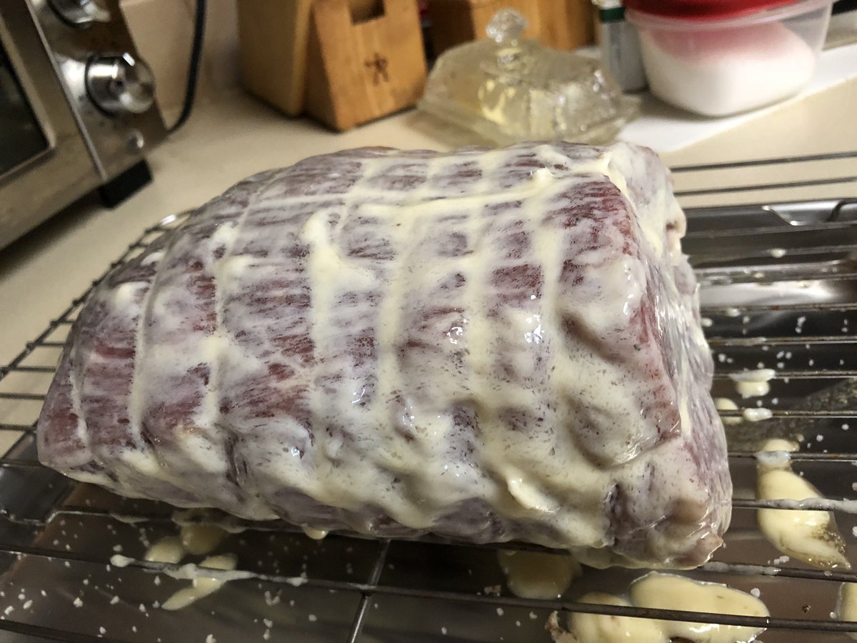sighexpletive's tweet photo. Roast beef: trussed and cured overnight, painted with Kewpie mayonnaise and seared, then bagged for the immersion circulator with it’s trimmed fat and a frozen puck of beef marrow/dried shittake mushroom stock. https://t.co/7agqiyTgX3