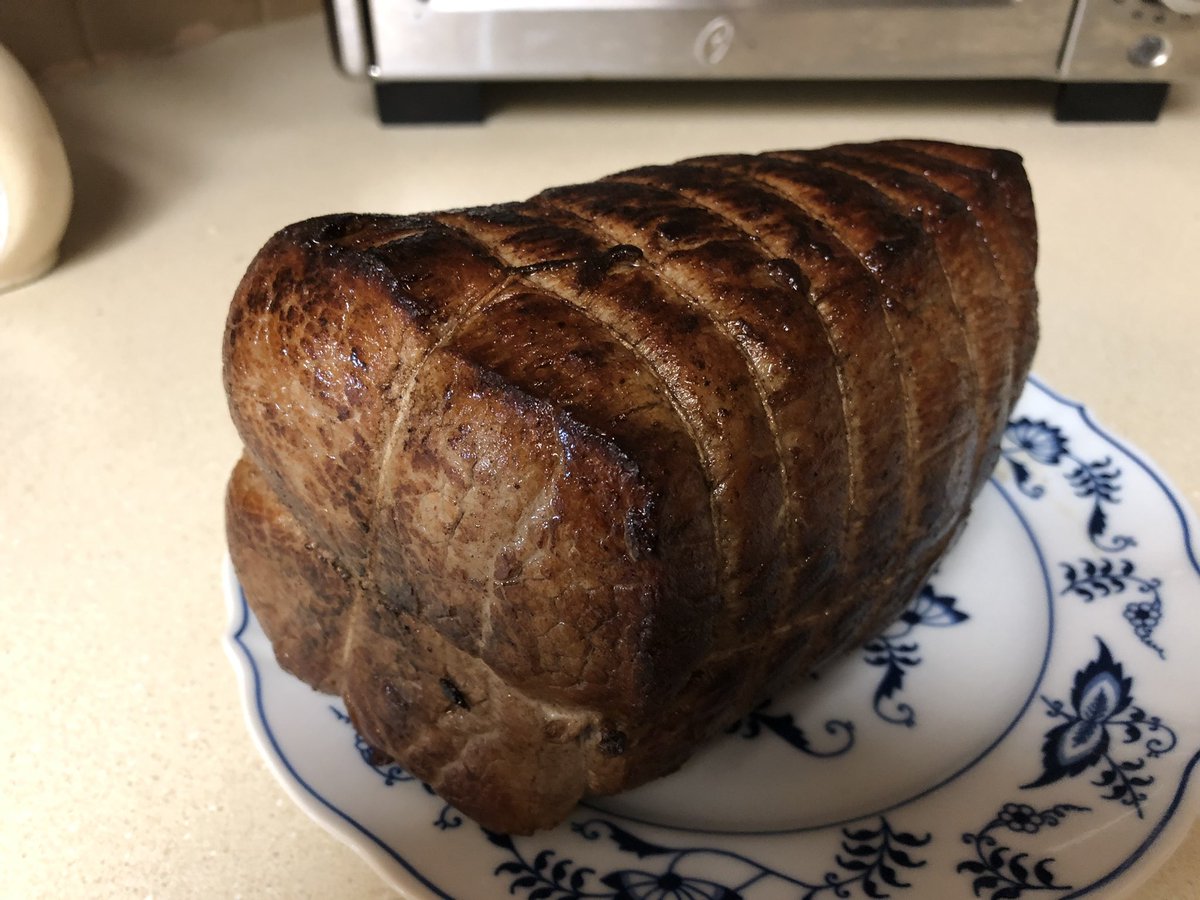 sighexpletive's tweet photo. Roast beef: trussed and cured overnight, painted with Kewpie mayonnaise and seared, then bagged for the immersion circulator with it’s trimmed fat and a frozen puck of beef marrow/dried shittake mushroom stock. https://t.co/7agqiyTgX3