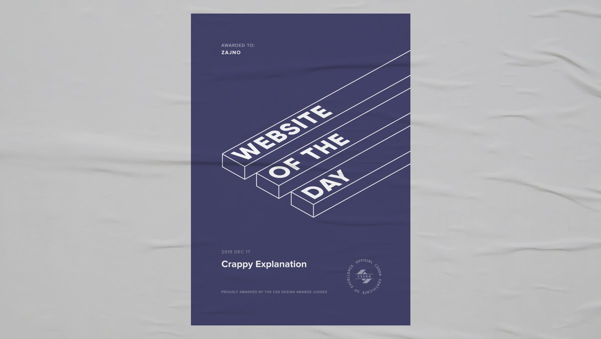 ZajnoCrew's tweet photo. Hell yeah! Our "Crappy Explanation" Case Study is Website of the Day on @cssdesignawards  today!  🎉
Thank you for this early Christmas present guys! 🎁 https://t.co/17I0vXLaDz
