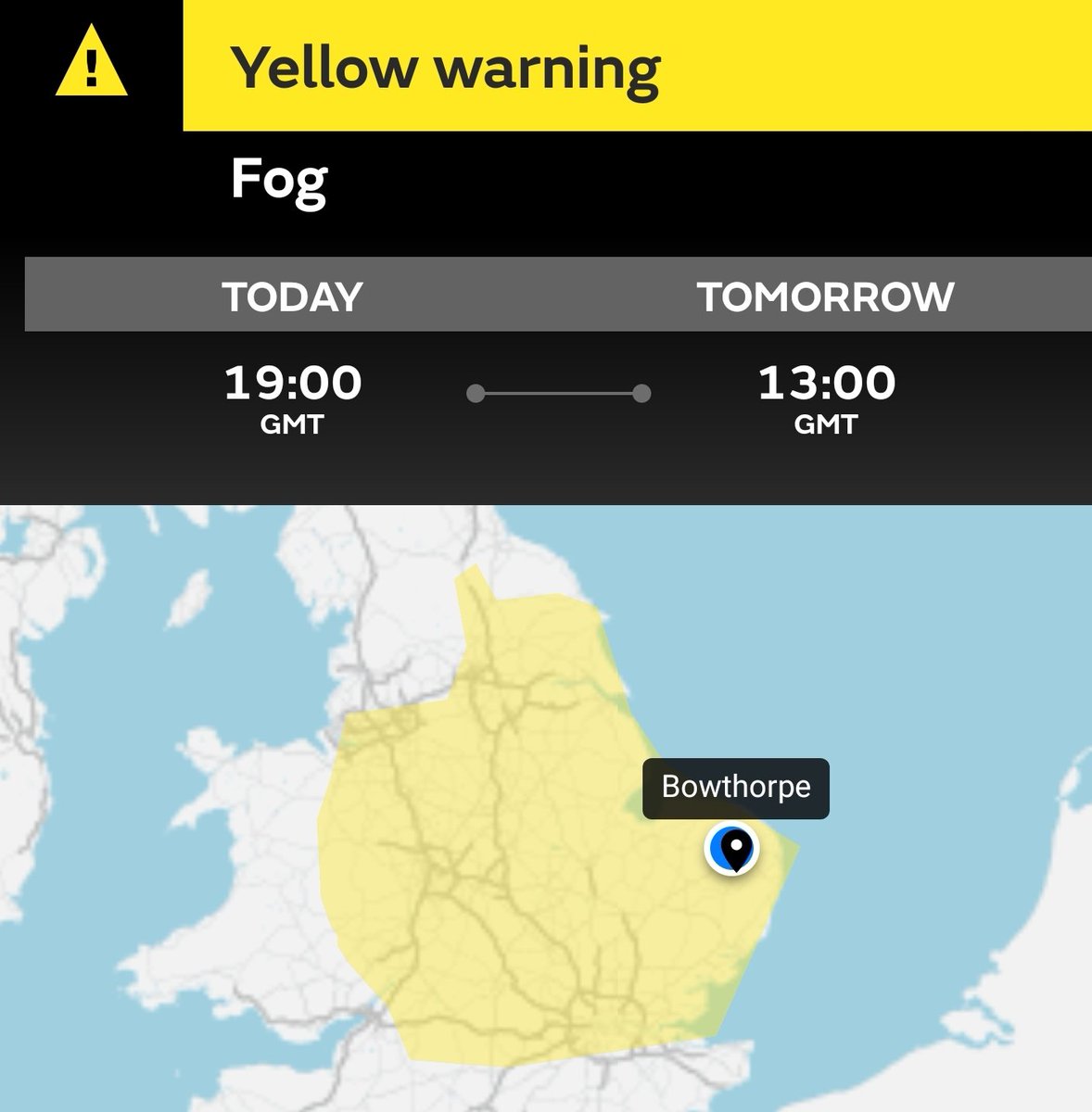 A yellow weather warning for fog has been issued by the met office.

Starting at 7pm this evening, until 1pm tomorrow (18th December). Please take extra care when driving, and expect some delays to public transport.
