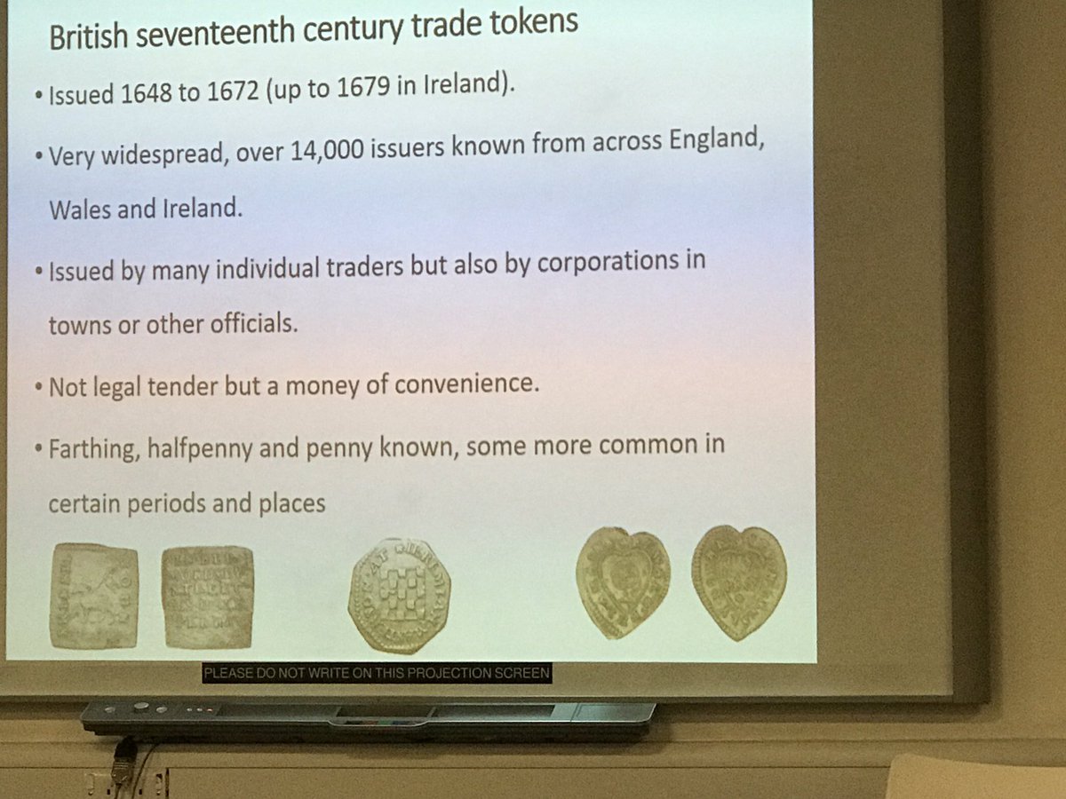 CaradocPeters's tweet photo. Laura Burnett - 17th century trade tokens - advantage to shopkeepers to avoid people running up debt, less about stated view to help poor, also a form of advertising - no extension of credit #tag2019ucl #tag38 @TAG_UCL_IoA https://t.co/hkAg7IGI8O