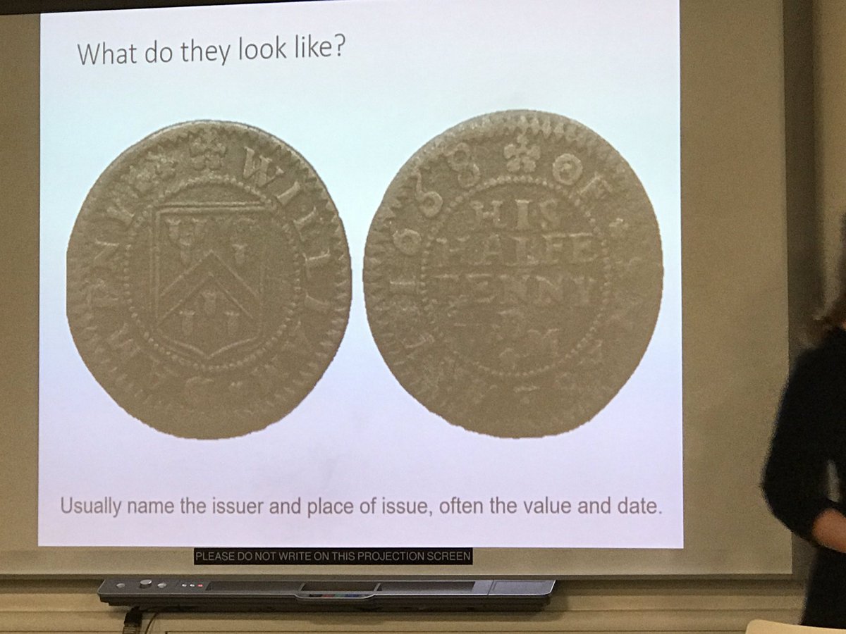 CaradocPeters's tweet photo. Laura Burnett - 17th century trade tokens - advantage to shopkeepers to avoid people running up debt, less about stated view to help poor, also a form of advertising - no extension of credit #tag2019ucl #tag38 @TAG_UCL_IoA https://t.co/hkAg7IGI8O